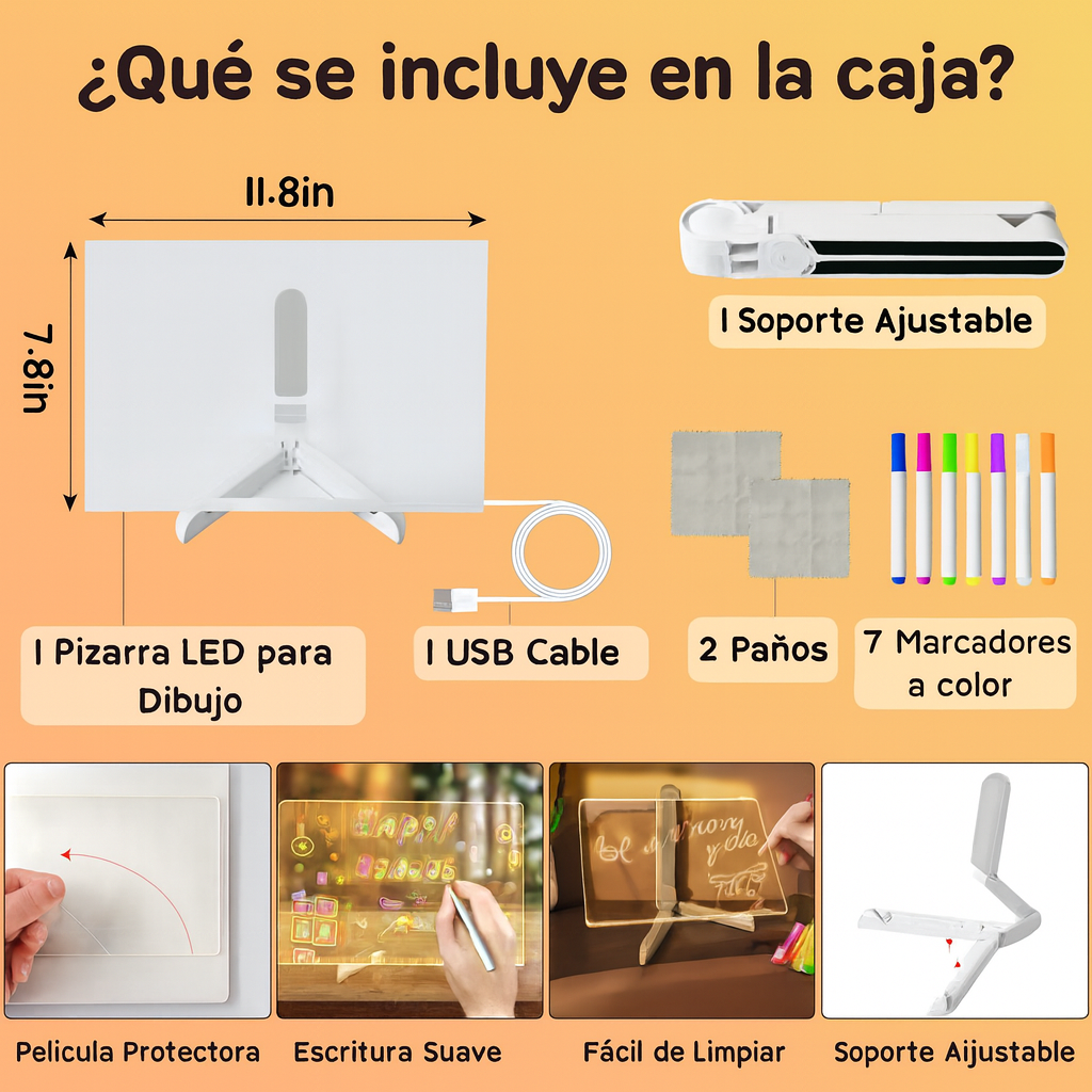 Pizarra LED Creativa 30×20 – 7 Rotuladores + 12 Plantillas Incluidas